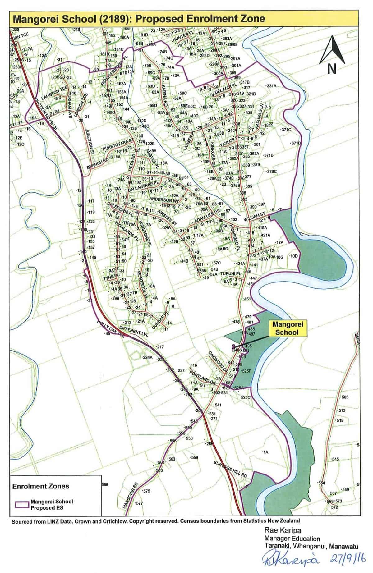Mangorei School campus map with proposed enrolment zone in Taranaki, New Zealand.