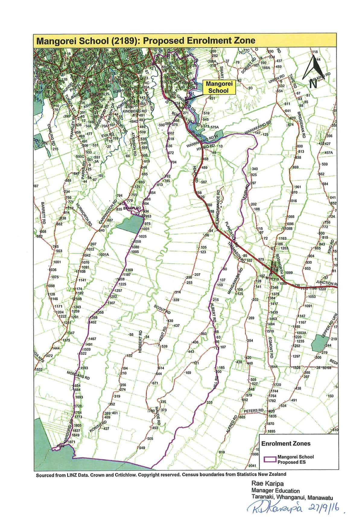 Mangorei School, Taranaki, New Zealand, featuring the proposed enrolment zone boundary.