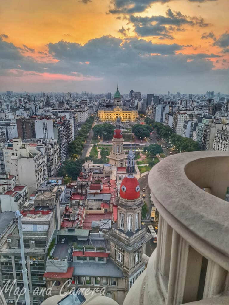 View from Palacio Barolo 19th floor at sunset. Touring Palacio Barolo is one of the best things to do in Buenos Aires Argentina