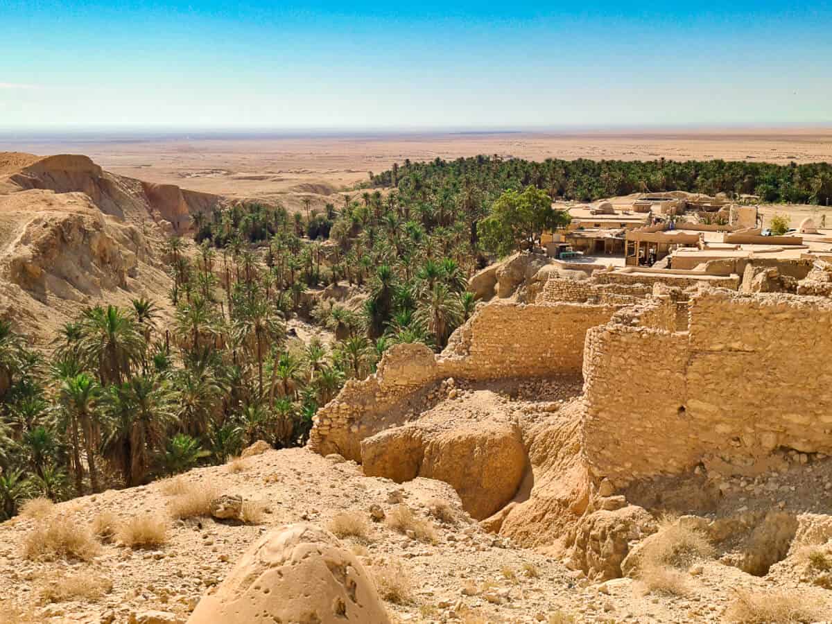 Hilltop Berber village of As-Sabikah near the Chebika oasis, surrounded by desert landscape, a scenic and cultural highlight among places to visit in Tunisia.