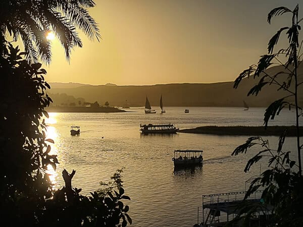 This image features a serene sunset over the Nile River in Egypt. Traditional feluccas and modern boats glide across the calm waters, silhouetted against the golden hues of the setting sun. The shoreline is framed by the silhouettes of palm fronds and foliage, adding a tropical ambiance to the scene. In the background, the soft contours of the distant hills are visible against the pastel sky, completing this peaceful tableau of Egyptian river life at dusk.