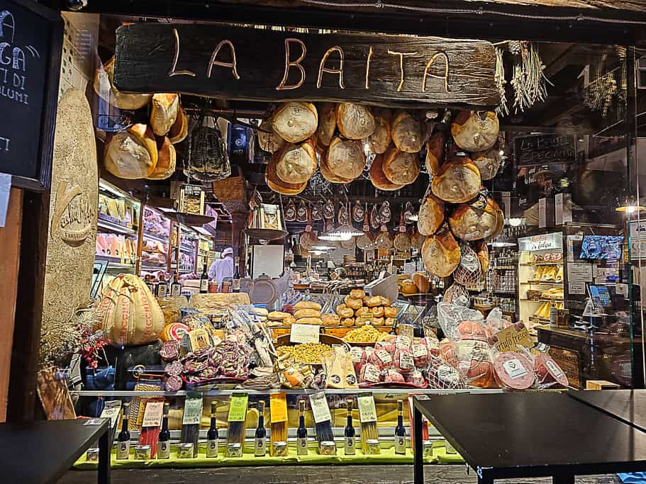 One of the many shops selling local delicacies in Quadrilatero in Bologna