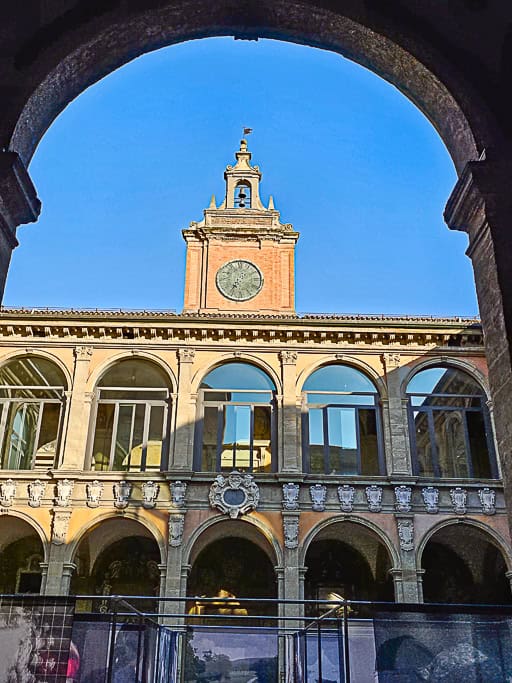 The clock tower of the Archiginnasio in Bologna