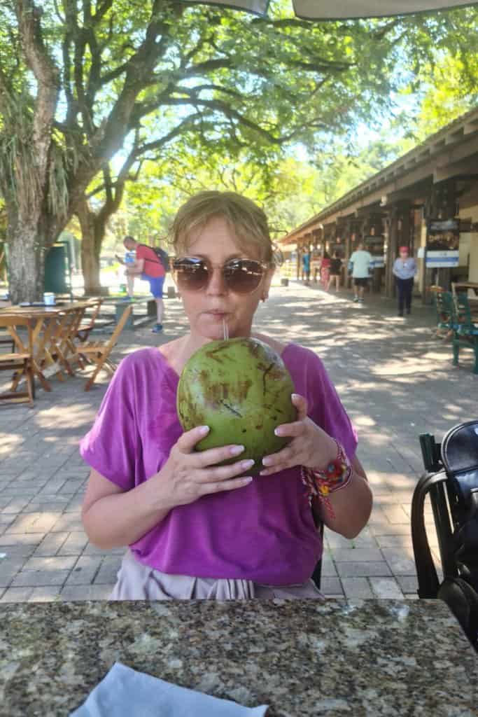 Maria of Map And Camera sipping a refreshing coconut after visiting the Iguazu Falls.