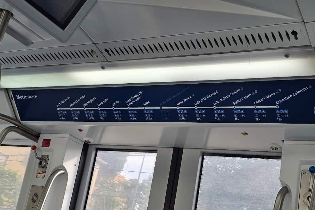Metromare route map showing how to get to Ostia Antica from Rome by public transport.