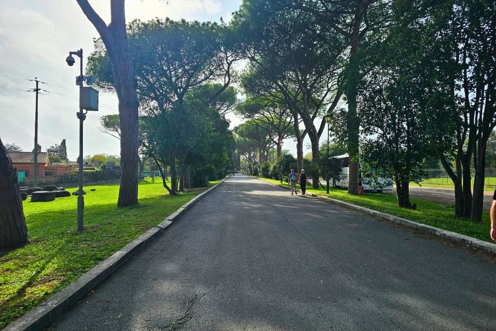 Scenic tree-lined path leading to the entrance of Ostia Antica ruins near Rome.