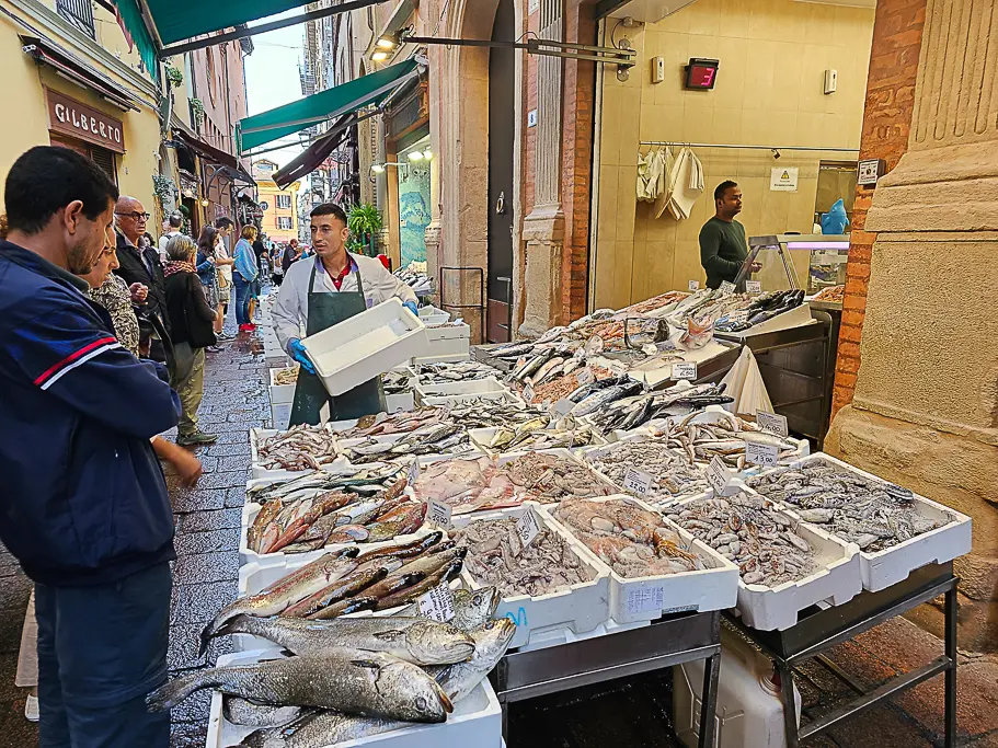Fresh seafood display at an open-air fish stall in Bologna’s Quadrilatero Market, a top Bologna photo spot known for its vibrant street life and authentic Italian food culture.