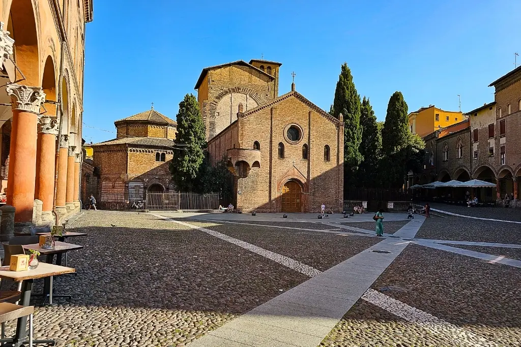 Tranquil view of Piazza Santo Stefano and the Basilica of Santo Stefano complex, known as the "Seven Churches"—one of Bologna’s most photogenic and spiritual corners.