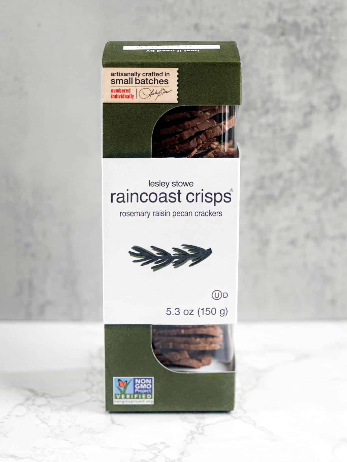 Box of Raincoast Crisps rosemary pecan raisin crackers.
