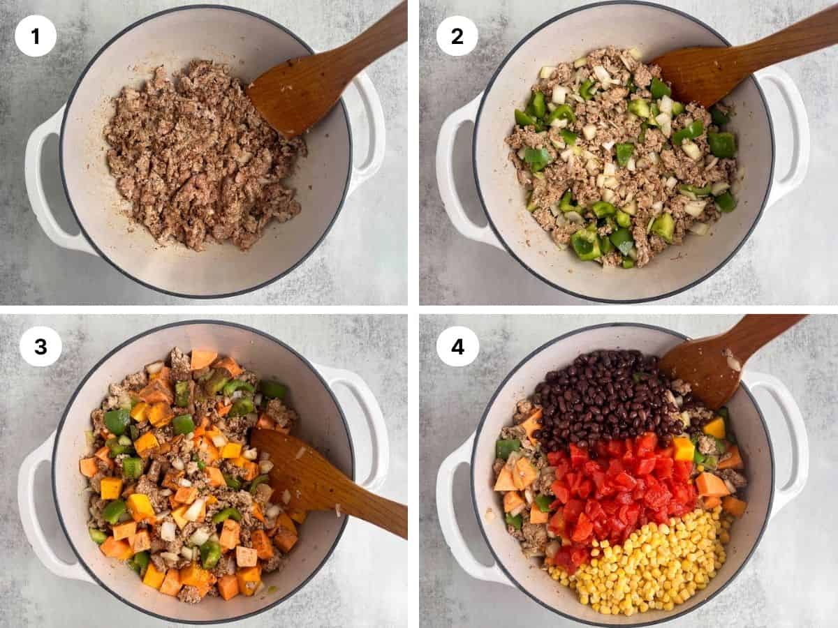 Four photo collage of pots of fall chili with process steps one through four.