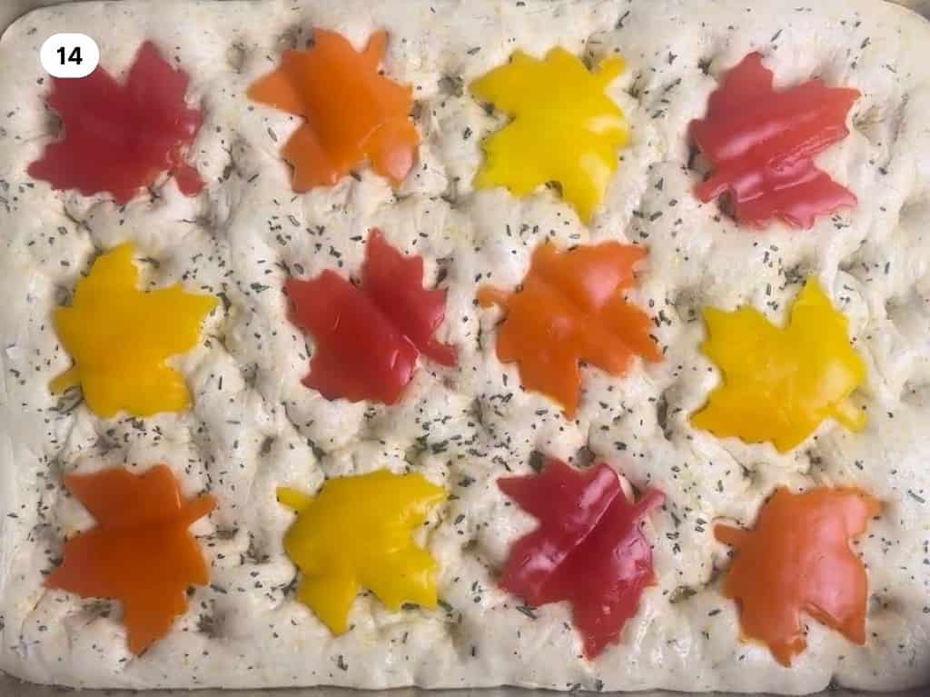 Fall focaccia bread recipe process shot fourteen ready to bake.