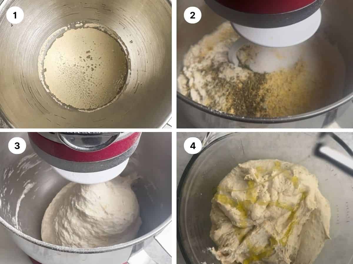 Fall focaccia bread recipe process shots one through four.
