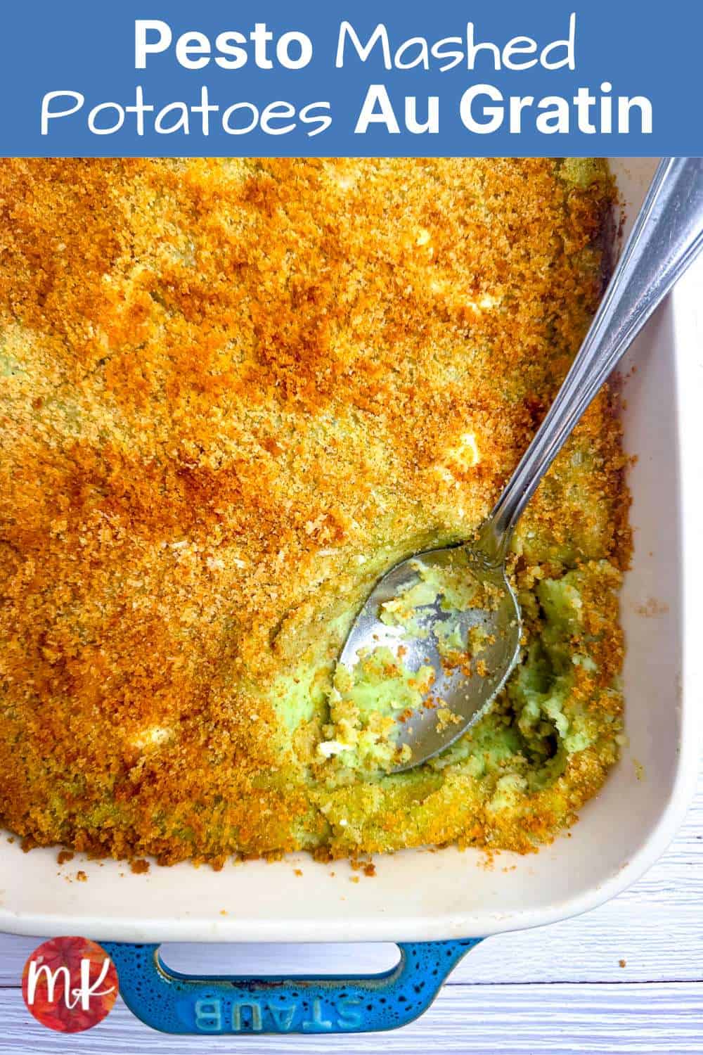 Pesto Mashed Potatoes Au Gratin Pinterest pin image with the title text and photo of the gratin in a baking dish.