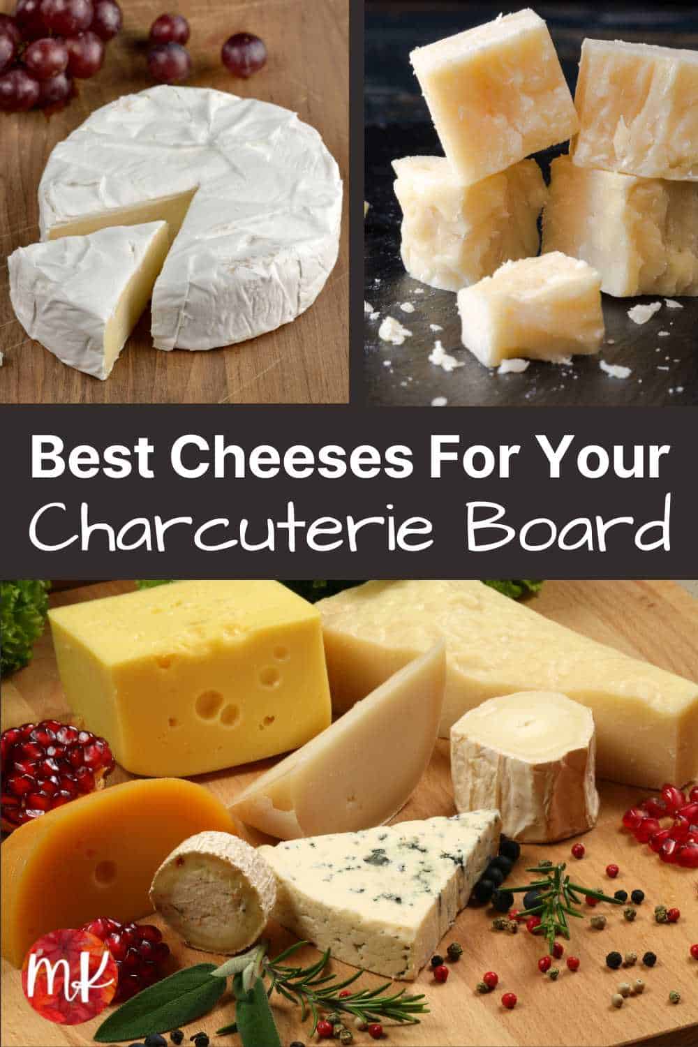 A variety of cheeses displayed with the title of the post: best cheeses for your charcuterie board.