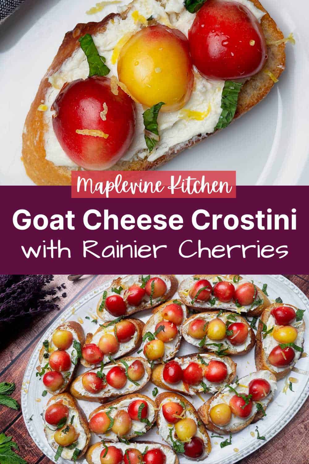 Crostini with goat cheese and Rainier cherries on a white oval platter.