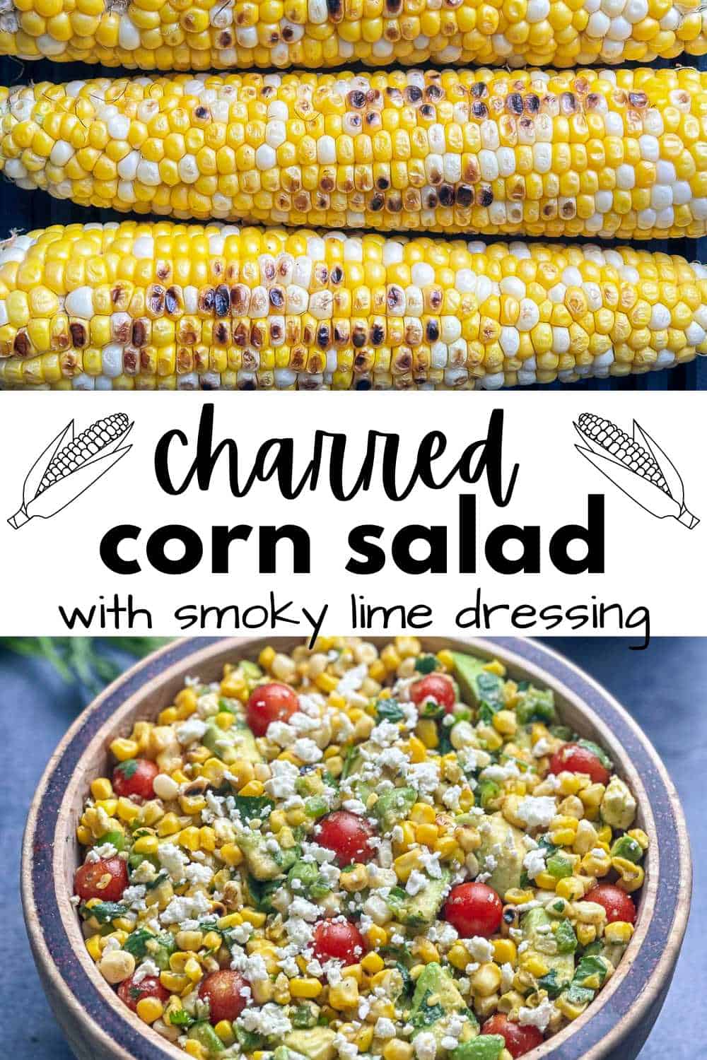 Charred corn cobs and salad in a bowl with the recipe title.
