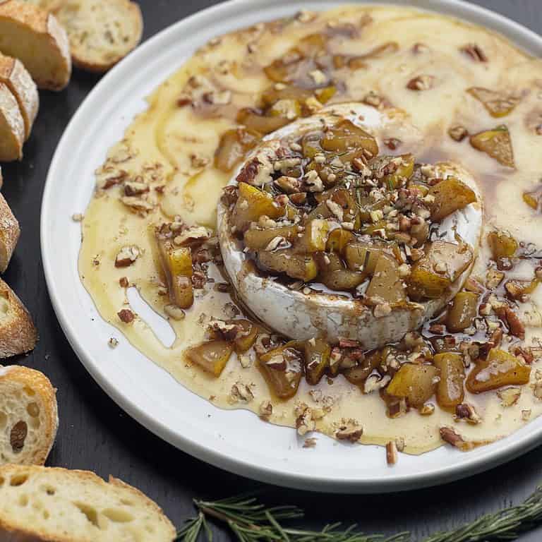 Baked Brie with Spiced Pears and Rosemary Honey