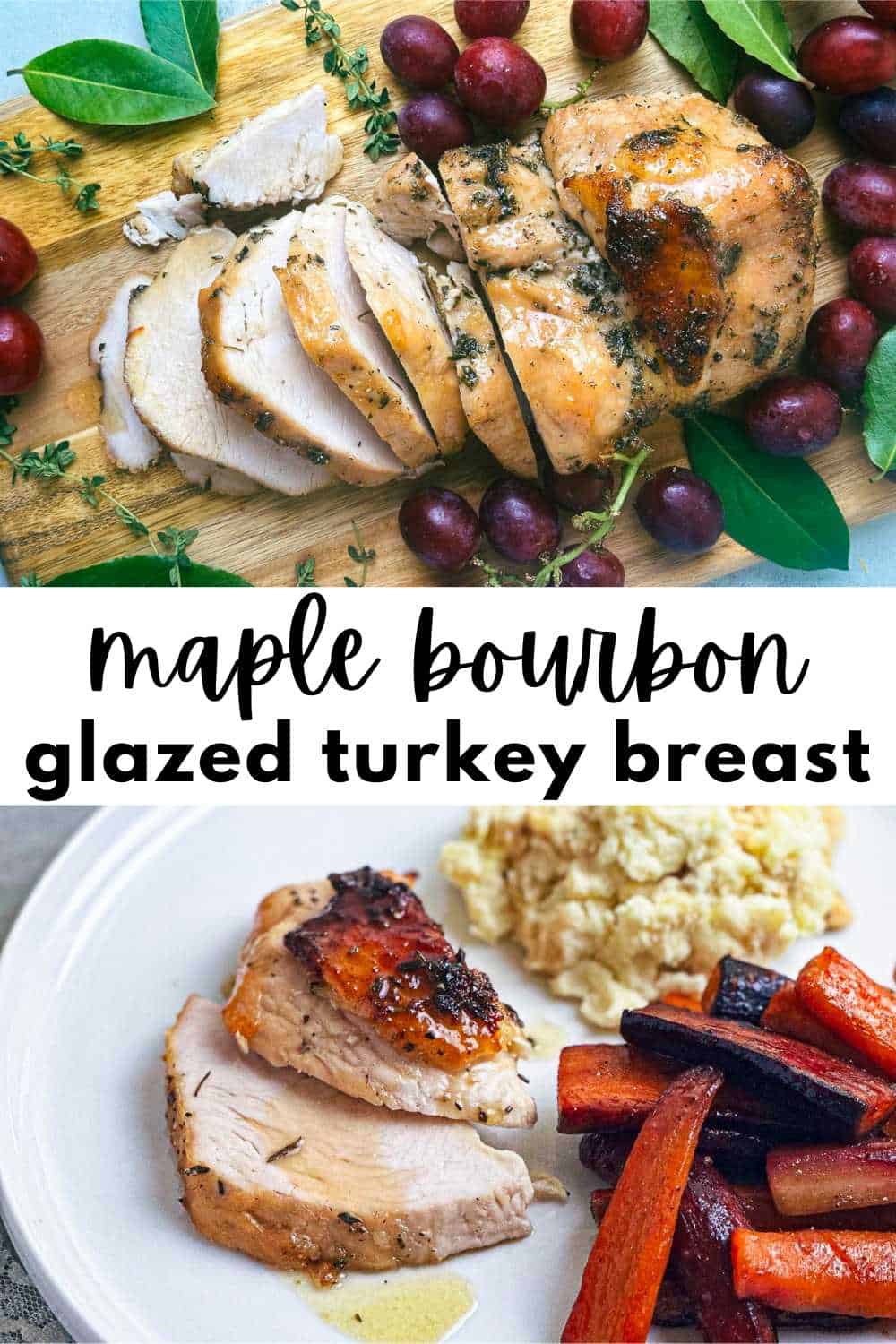 Maple bourbon glazed turkey breast on a wooden serving board and on a white plate.