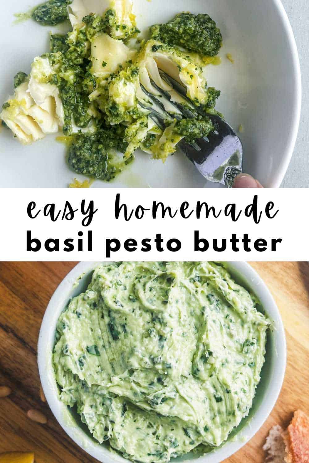 Pesto and butter being mashed with a fork and pesto butter in a ramekin.