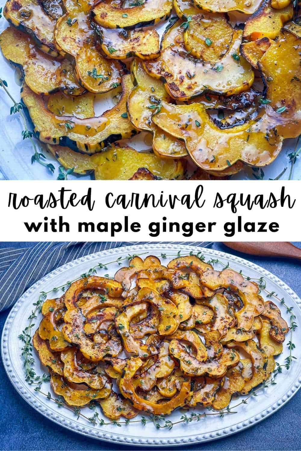 Roasted acorn squash slices on a platter with thyme sprigs and recipe title.