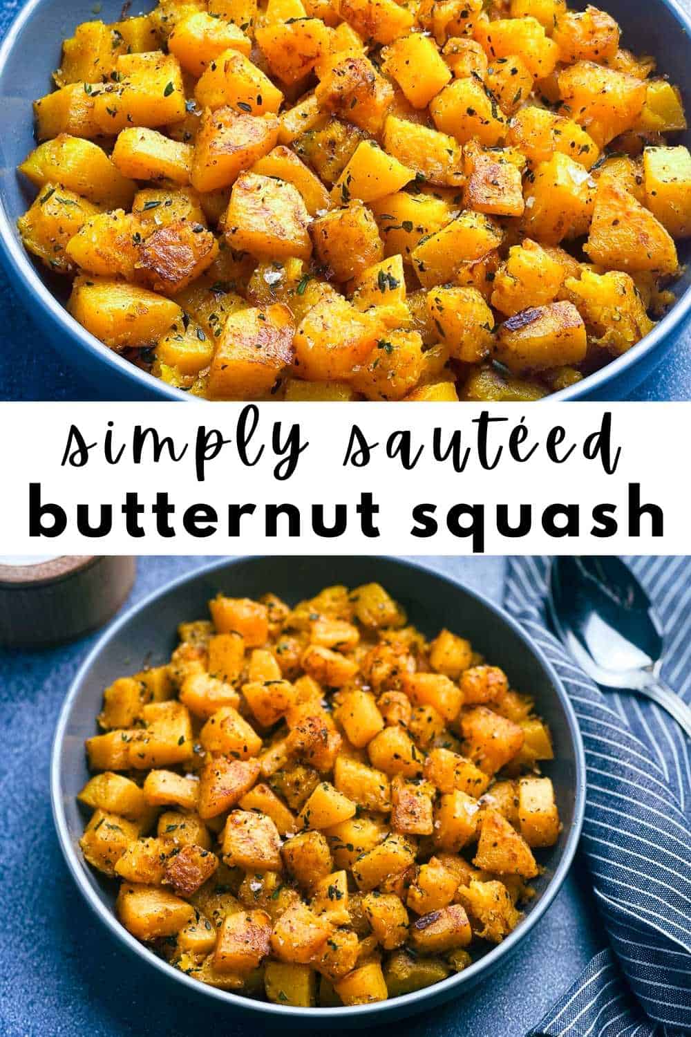 Sauteed butternut squash in a bowl with seasonings.