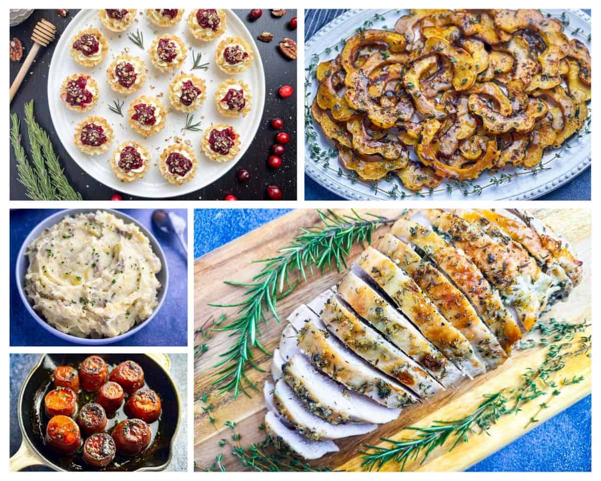 Roasted turkey breast, fondant sweet potatoes, mashed potatoes, cranberry tartlets, and roasted carnival squash - small thanksgiving dinner photo collage.