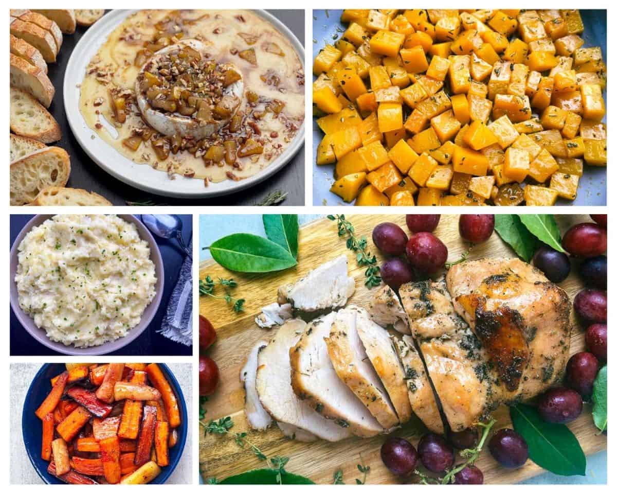 Maple Bourbon Turkey Breast, Roasted Carrots, Mashed Potatoes, Baked Brie, and Butternut Squash - thanksgiving menu for 4 photo collage.
