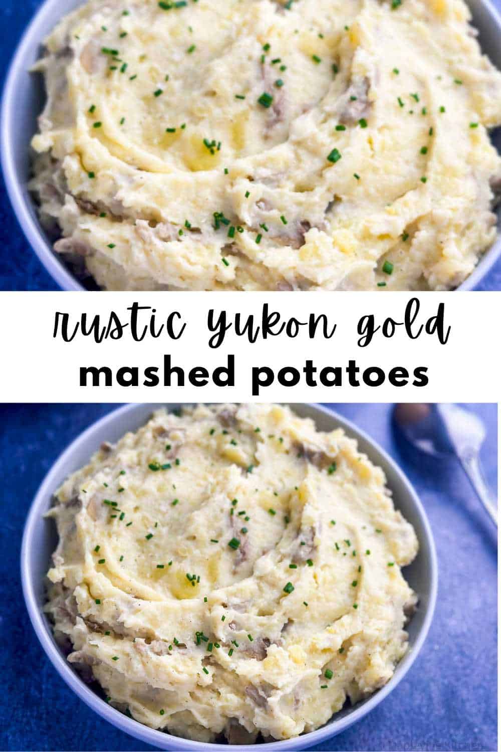 Two photos of Yukon Gold mashed potatoes in a bowl with chives with the title of the recipe in between.