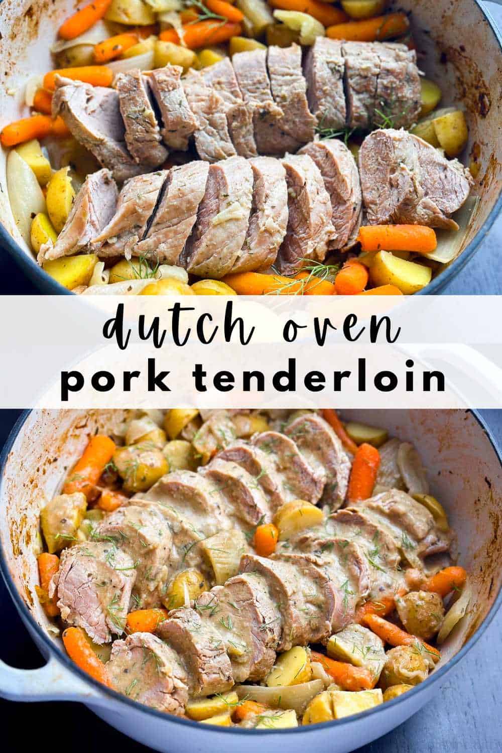 Sliced pork tenderloins with veggies in a Dutch oven.