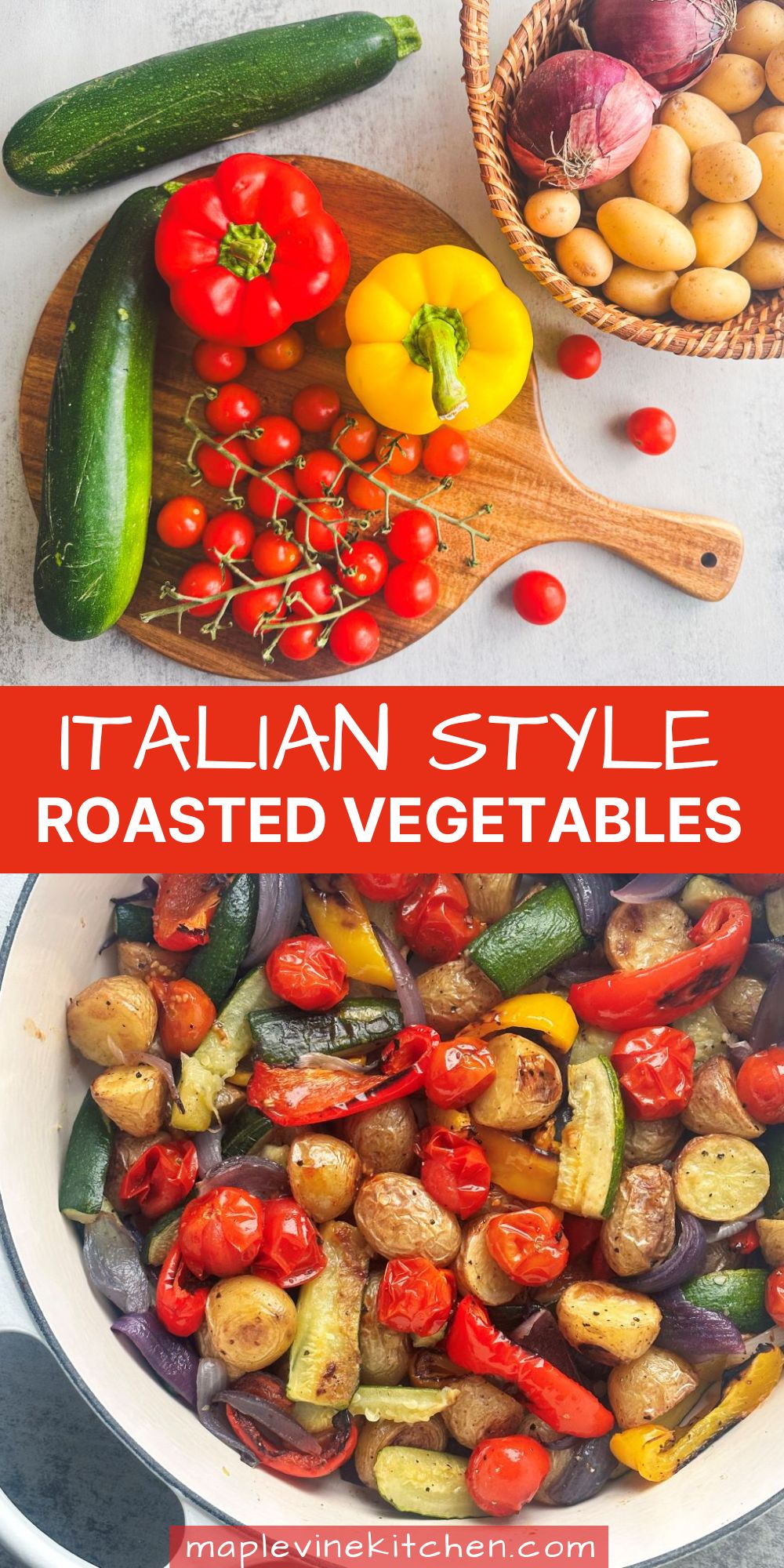 Roasted vegetables in a Dutch oven and vegetables in a basket and on a wooden board.