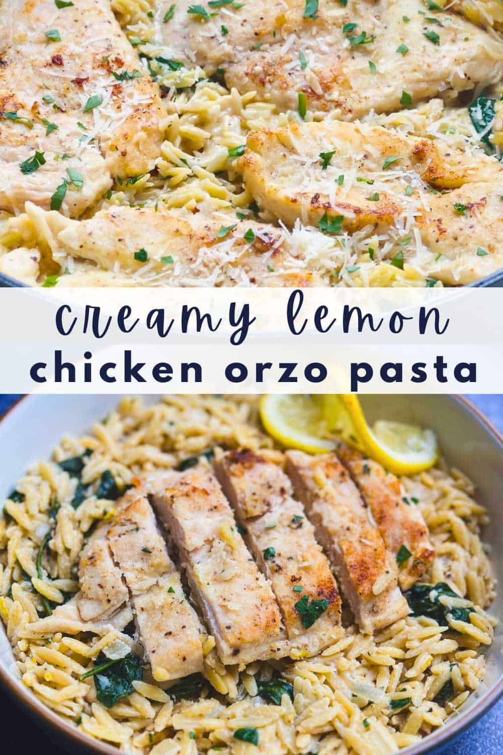 Creamy lemon chicken orzo pasta Pinterest images.