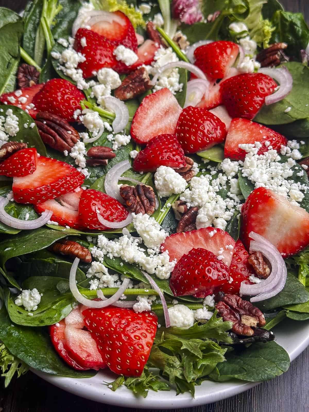 Strawberries goat cheese salad with pecans on a white oval plate.