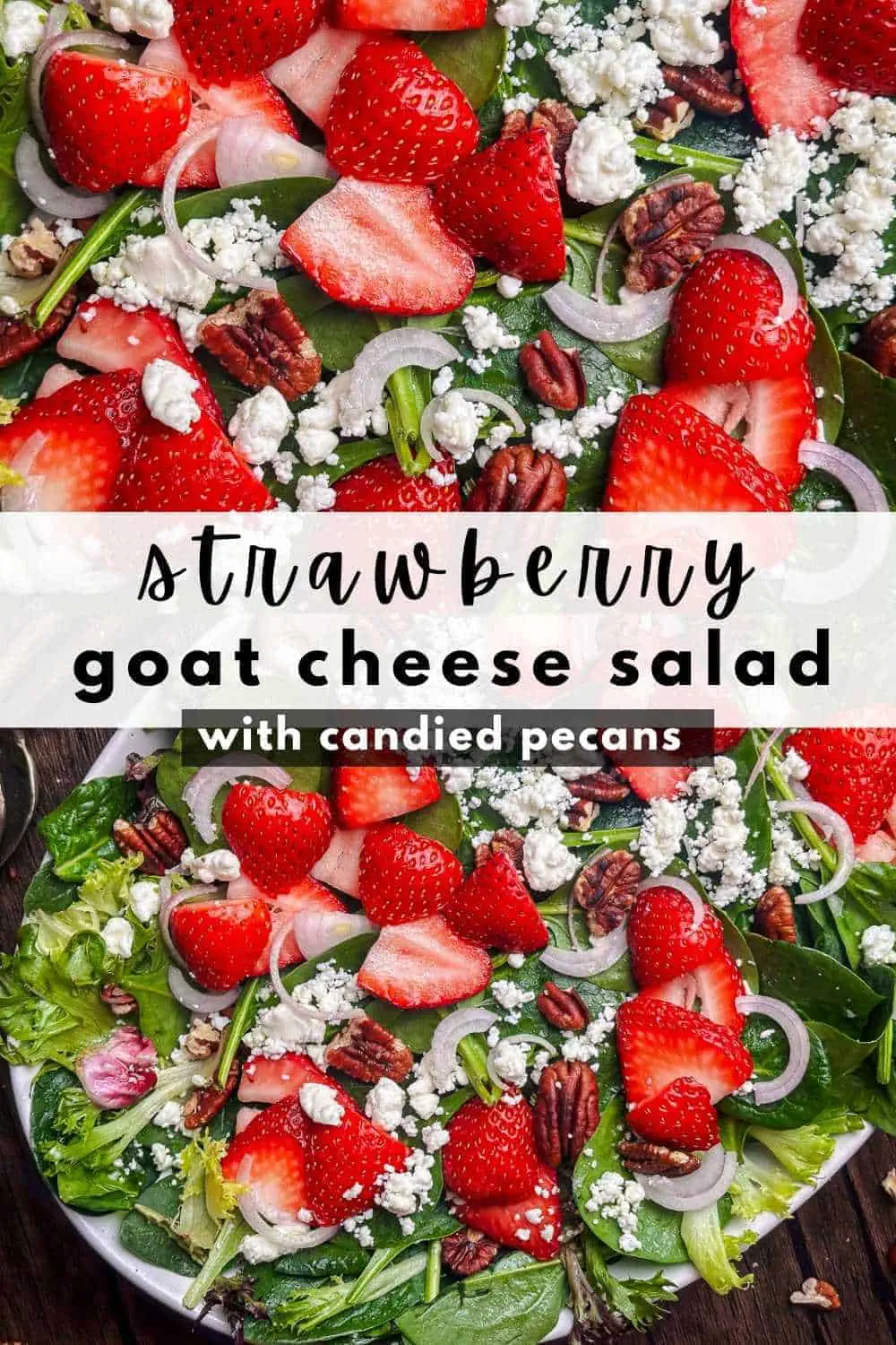 Mixed greens topped with sliced strawberries, goat cheese, and pecans.