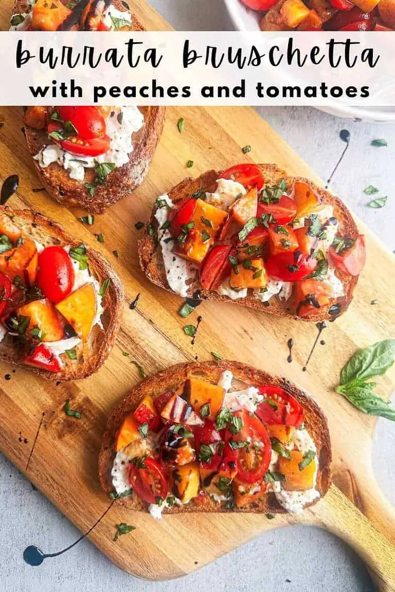 Pinterest image with peach tomato burrata bruschetta on a wooden board with the recipe title at the top.