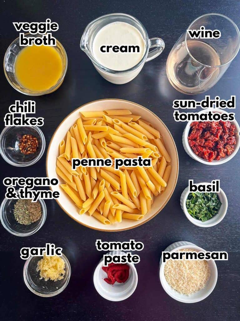 Ingredients for marry me pasta in small prep bowls.