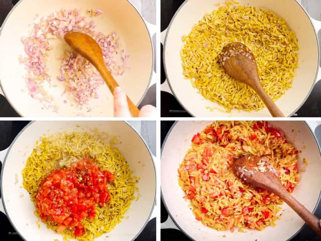 Four step-by-step photos of the beginning of the creamy tomato orzo preparation.