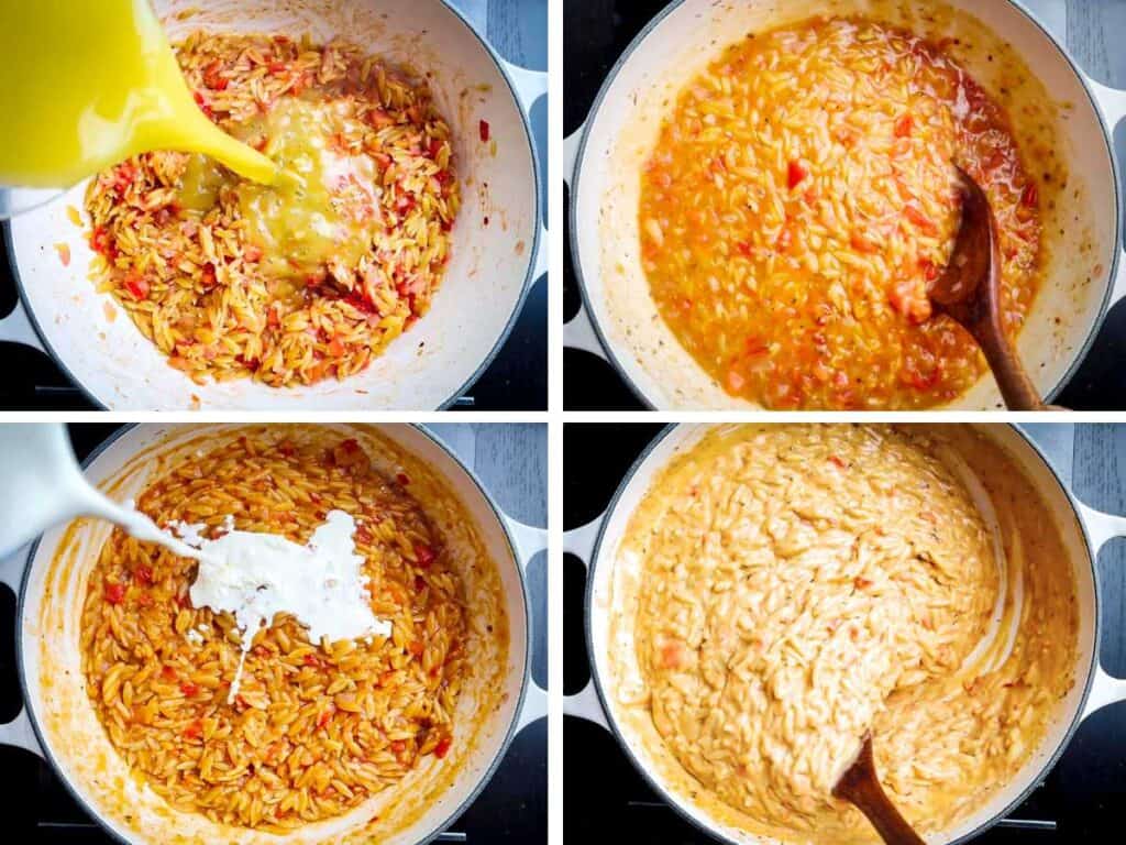Four step-by-step photos of the end of the creamy tomato orzo preparation.