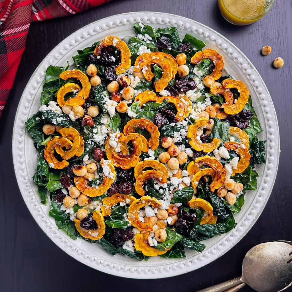 Fall Kale Salad with Roasted Delicata and Goat Cheese