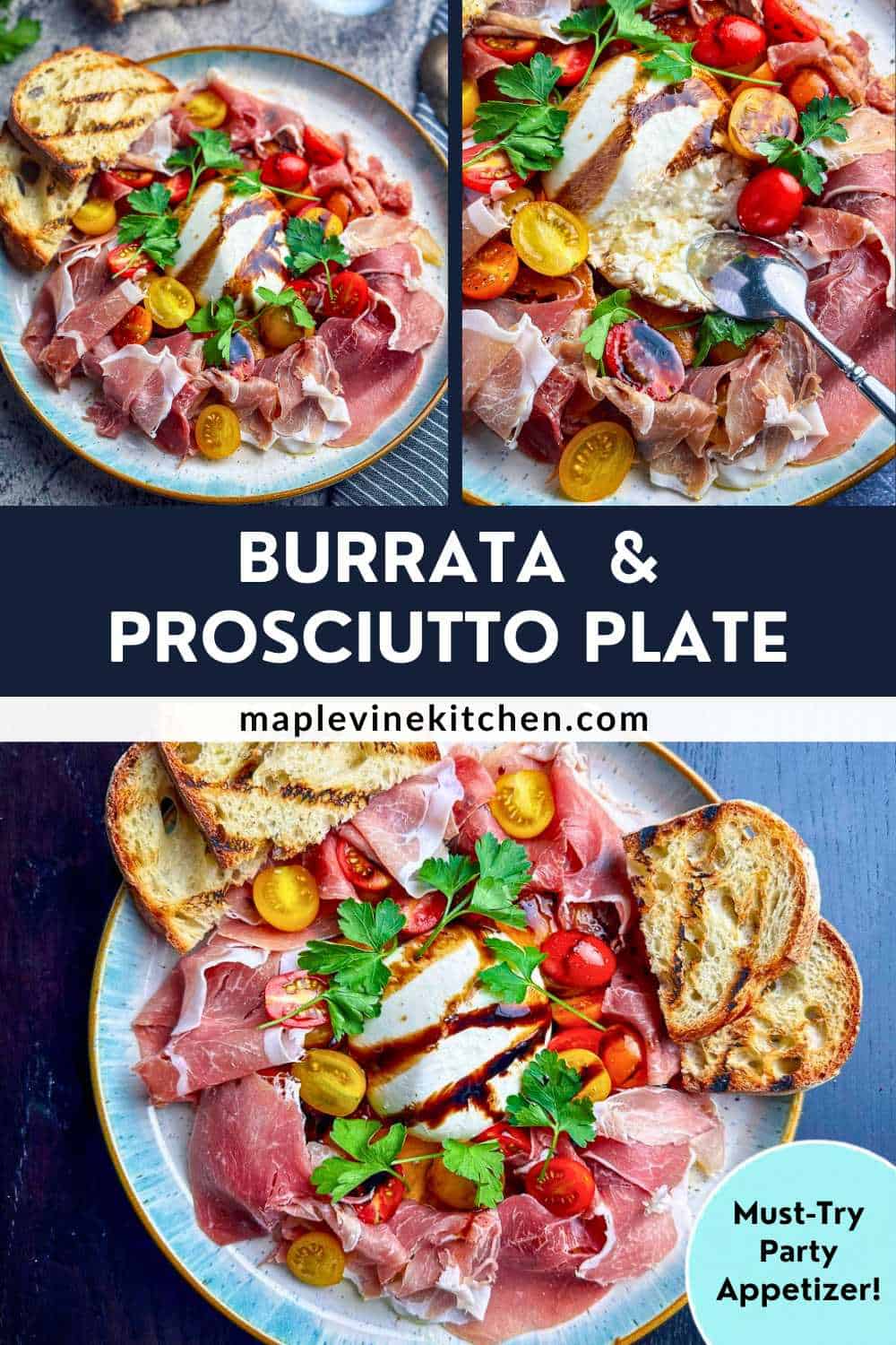 Burrata and prosciutto on a stylish plate with heirloom cherry tomatoes and fresh parsley with a balsamic glaze drizzle.