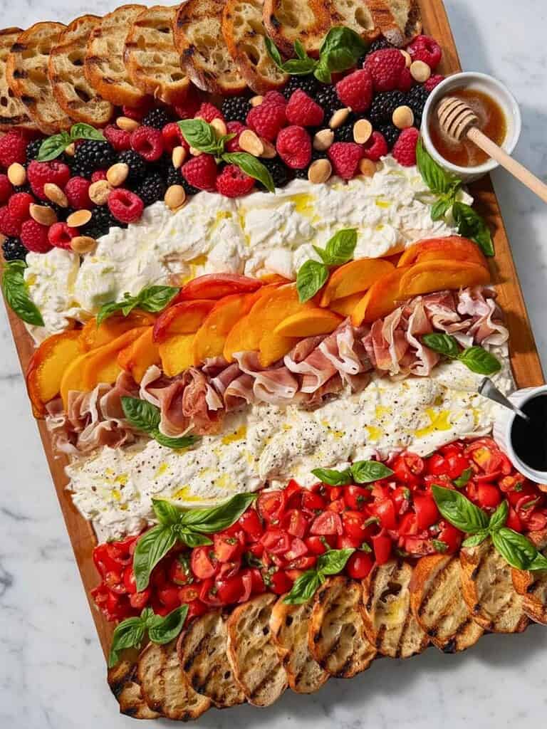 Summer Burrata Board featuring bruschetta tomatoes, peaches, prosciutto, berries, basil, and grilled crostini.