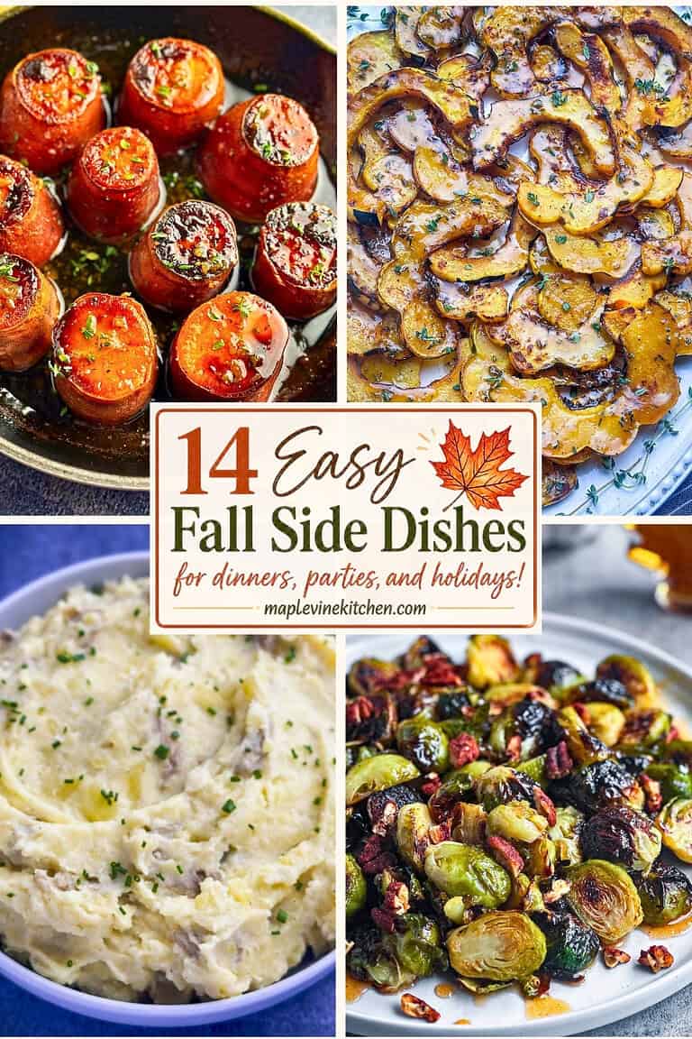 Fall side dishes featuring sweet potatoes, brussels sprouts, squash and mashed potatoes.