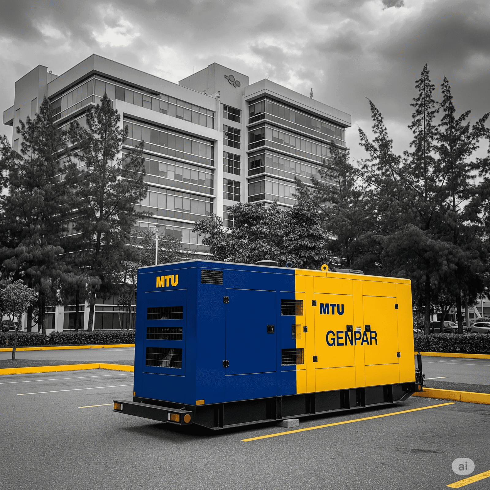 Generador de energía industrial generador MTU GENPAR en color azul y amarillo en parqueadero urbano. Alta eficiencia en equipos de potencia para uso comercial y industrial.