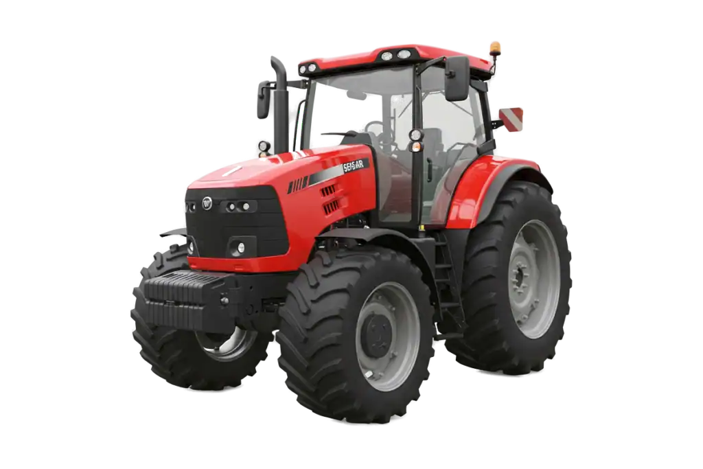 Red tractor agrícola con neumáticos grandes y cabina moderna para trabajos en campo, maquinaria agrícola robusta y eficiente para la agricultura de precisión.