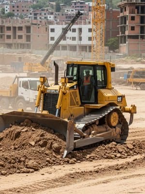 Maquinaria pesada de construcción en movimiento en obra civil, equipo de Caterpillar para nivelación y excavación, maquinaria de obra en funcionamiento en sitio de construcción.