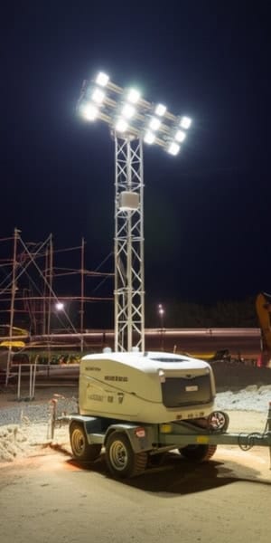 Lámpara de iluminación de torre industrial para obras y eventos nocturnos en construcción.