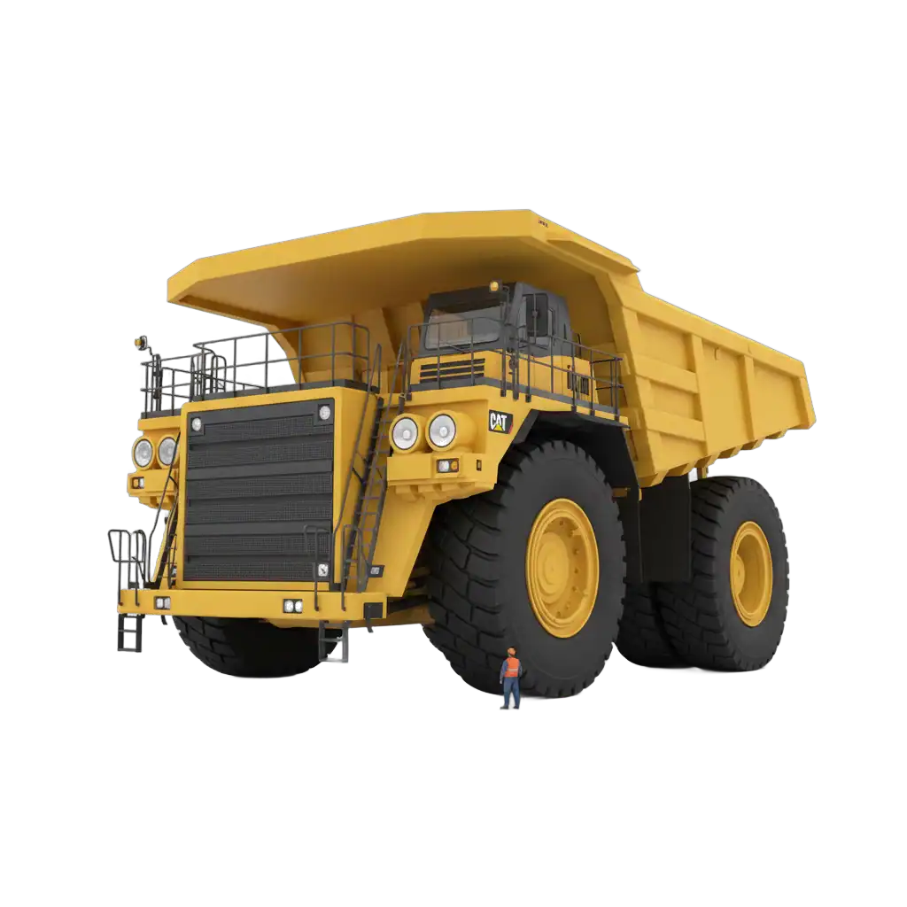 Maquinaria de construcción pesada, camión volquete Caterpillar en color amarillo en fondo negro. Equipo industrial para obras civiles, minería y movimientos de tierra. Alta resistencia y durabilidad.