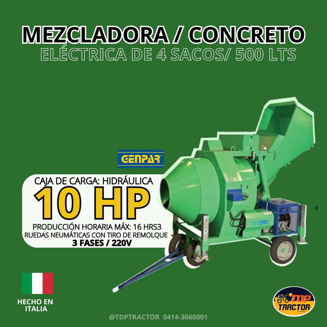 Maquinarias.pro, mezcladora de concreto eléctrica de 4 sacos, 500 litros, con caja hidráulica de 10 HP para producción eficiente y rápida, ideal para obras de construcción en Venezuela.