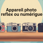 Comparatif appareils photo reflex ou numérique sur une table