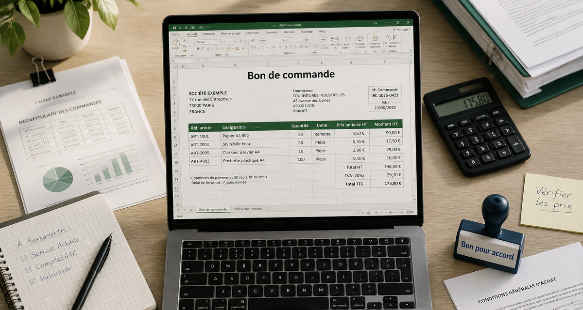 bon de commande sur excel sur bureau avec ordinateur et documents