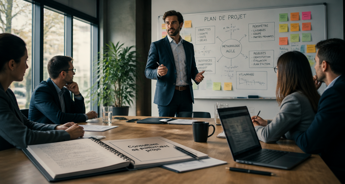 Consultant en gestion de projet animant une réunion